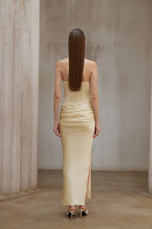 Adélade Yellow Ruched Satin Corset Maxi Dress