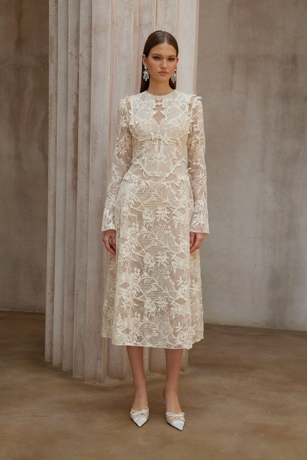 Amber White Long Sleeve Floral Lace Midi Dress