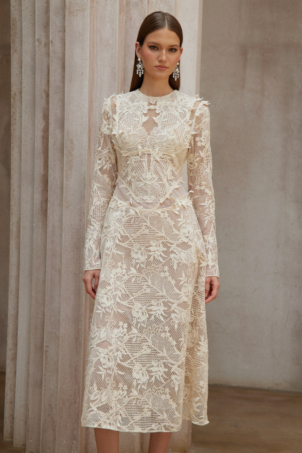 Amber White Long Sleeve Floral Lace Midi Dress