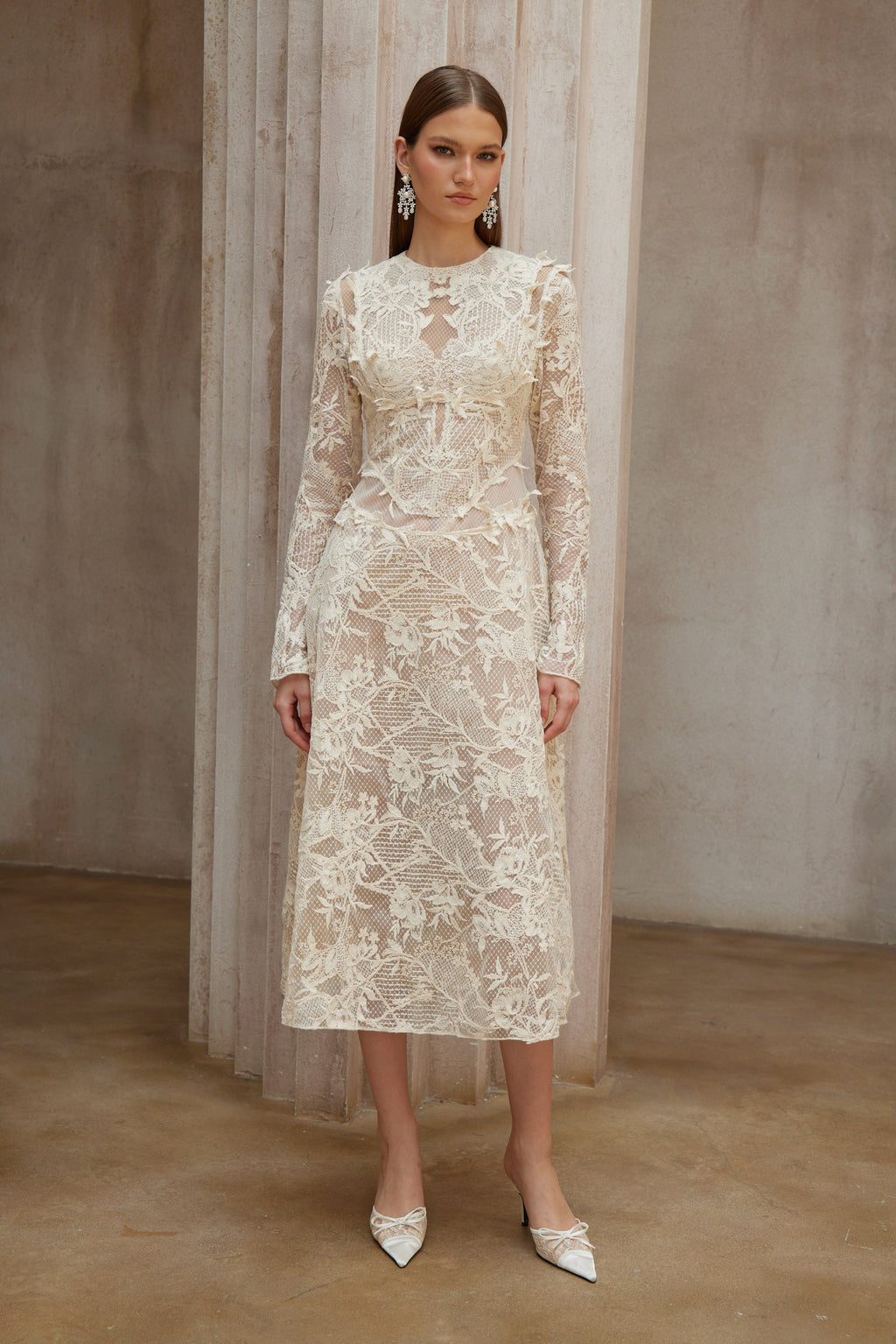 Amber White Long Sleeve Floral Lace Midi Dress