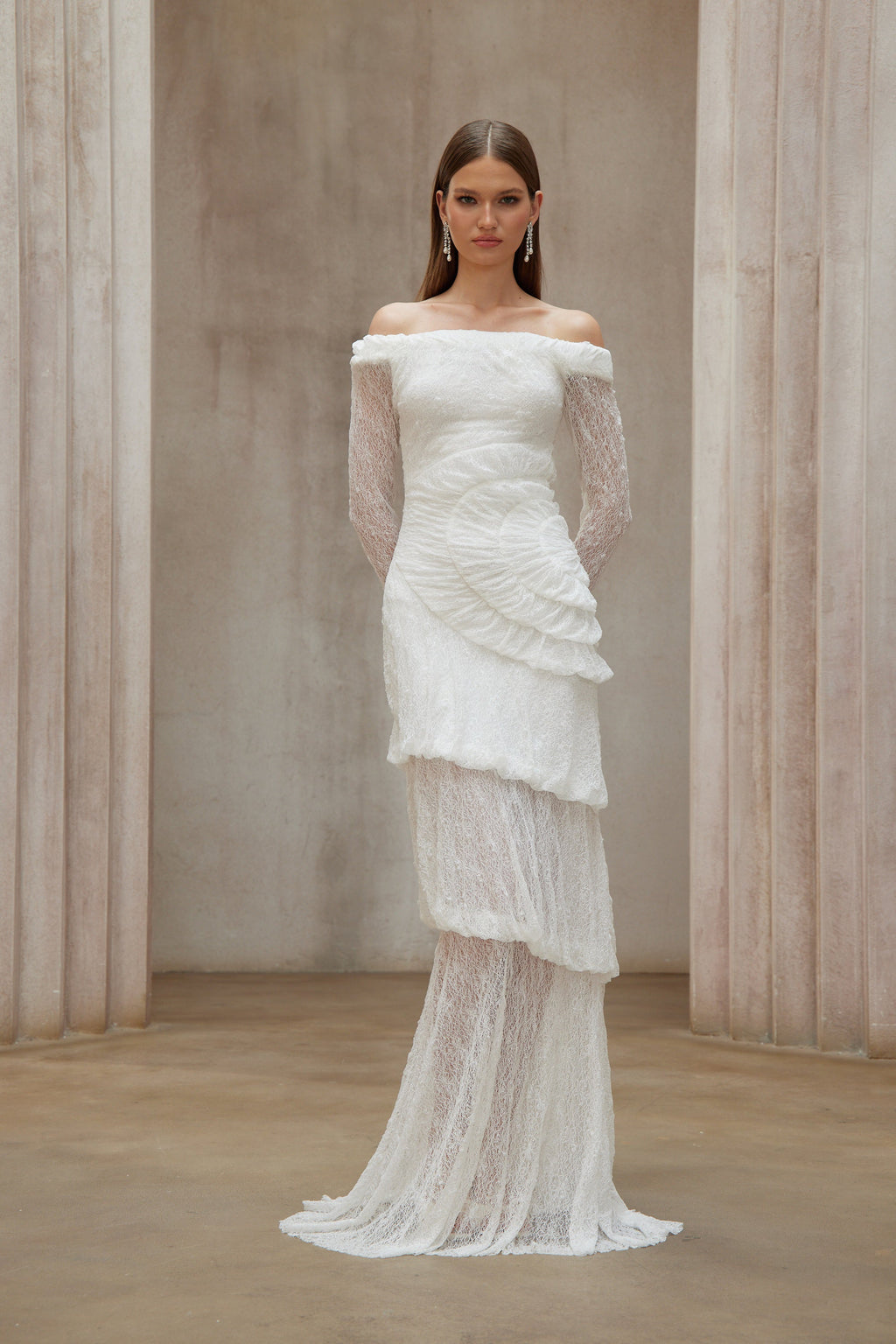 Étincelle White Ruched Lace Maxi Dress