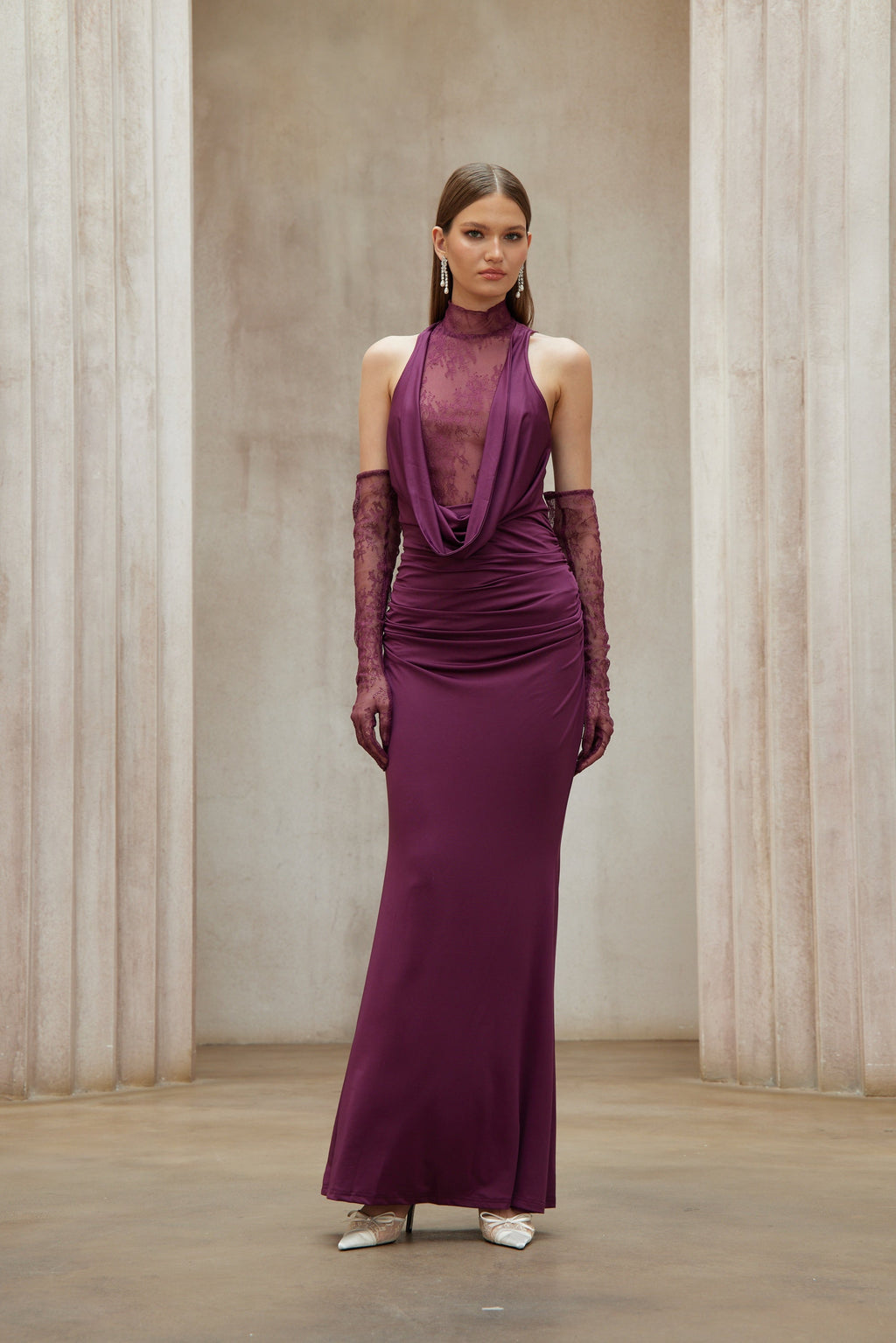 Borbála Magenta Lace Bodice Ruched Maxi Dress