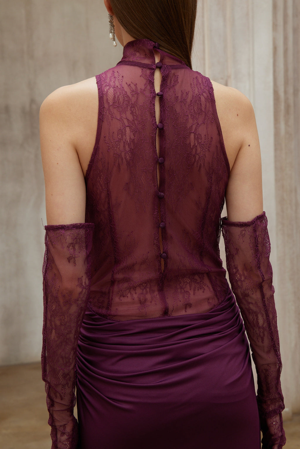 Borbála Magenta Lace Bodice Ruched Maxi Dress
