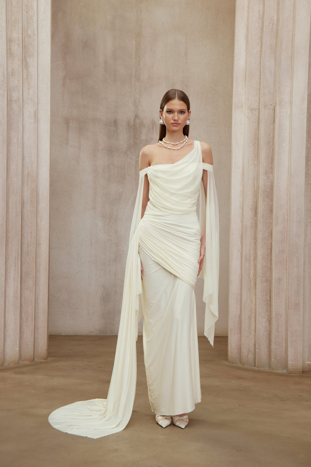 Aurianne White Asymmetrical Draped Maxi Dress