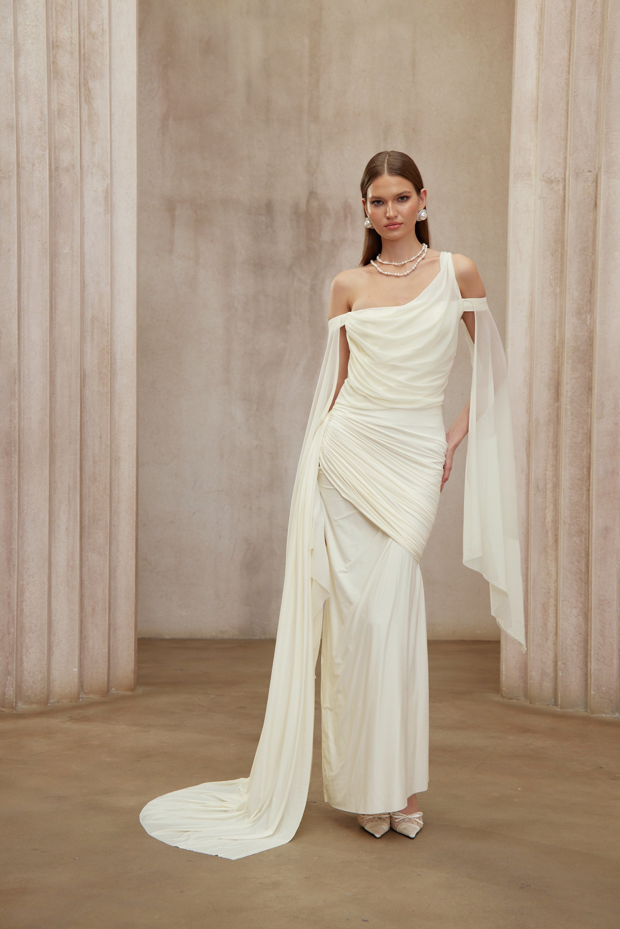 Aurianne White Asymmetrical Draped Maxi Dress