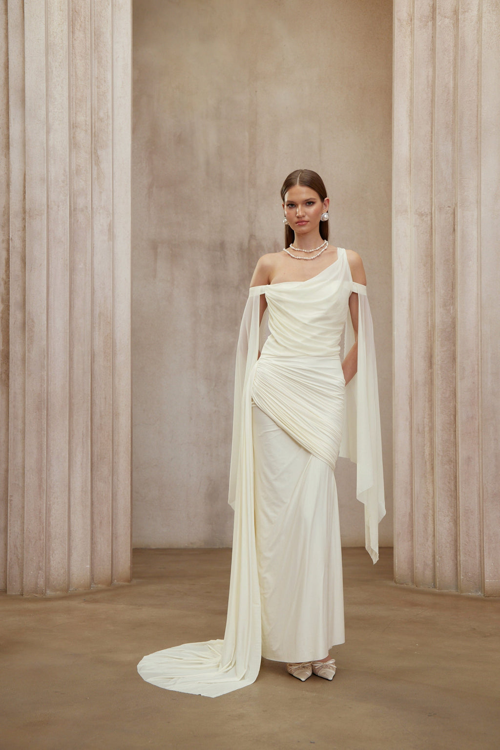 Aurianne White Asymmetrical Draped Maxi Dress