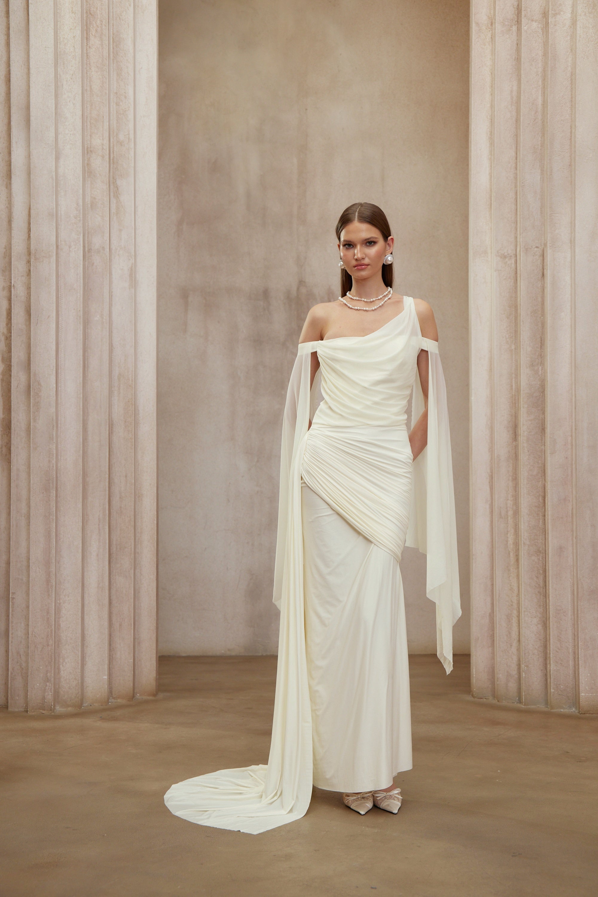 Aurianne White Asymmetrical Draped Maxi Dress