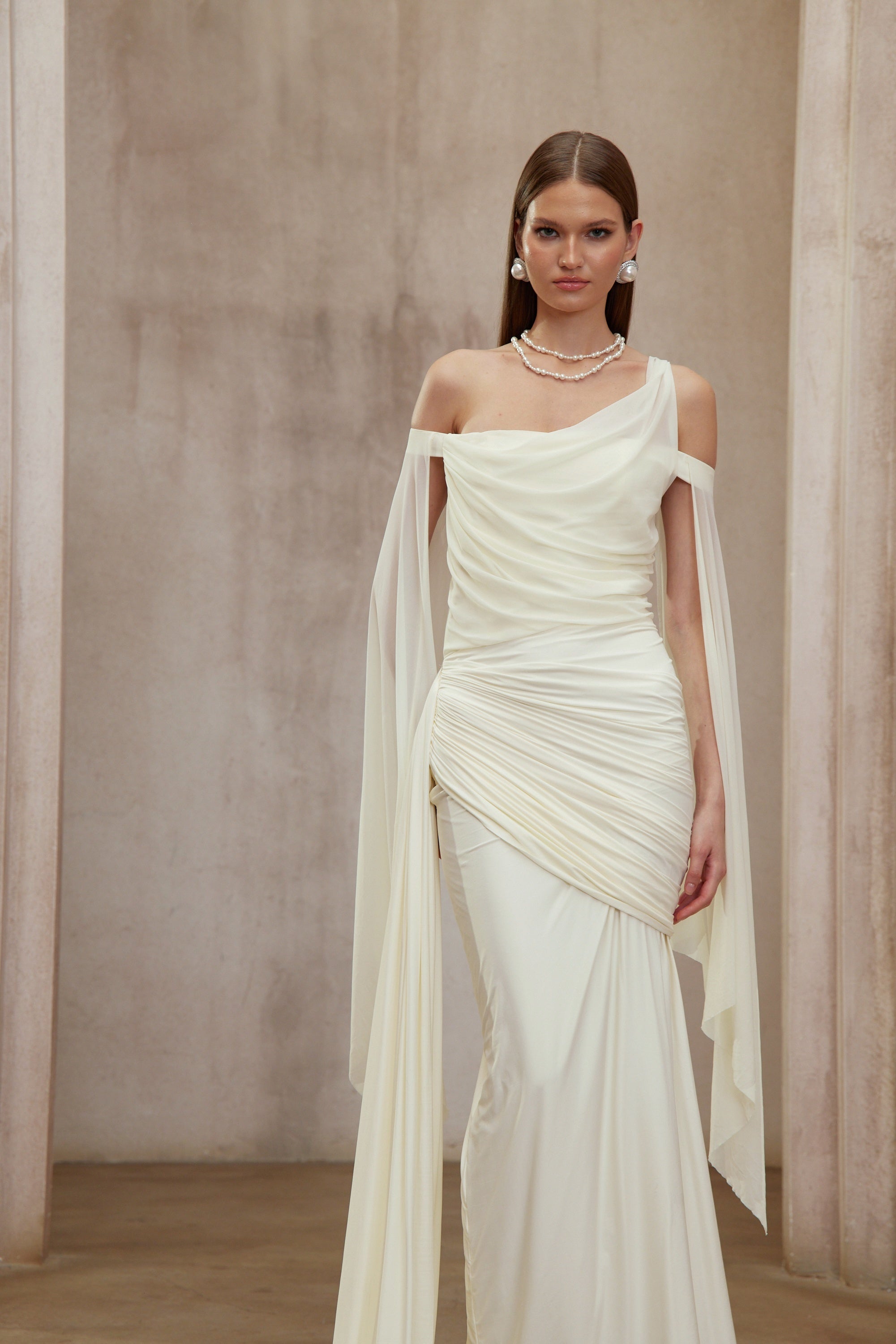Aurianne White Asymmetrical Draped Maxi Dress