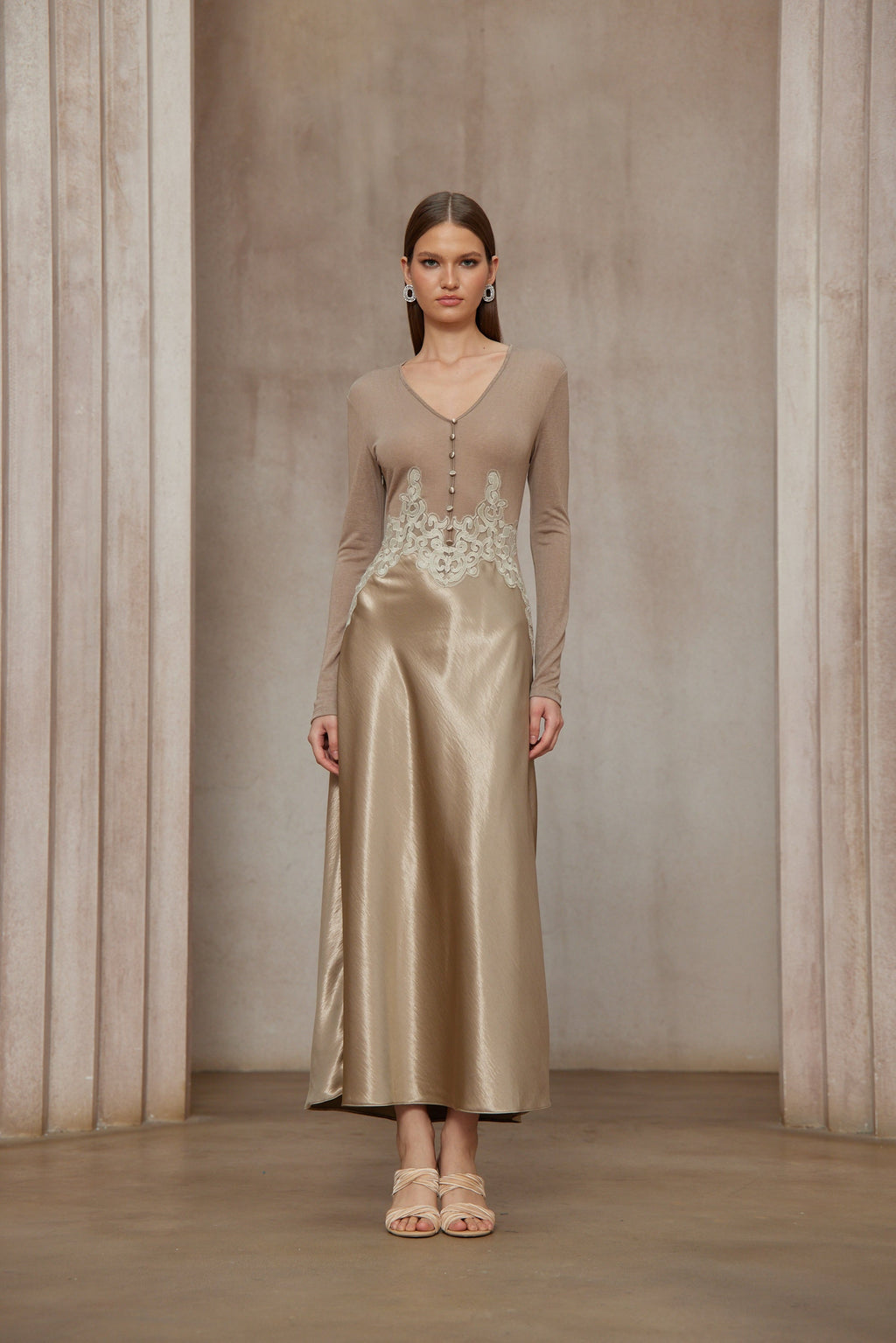 Szilvia Brown Knit Panel Satin Midi Dress