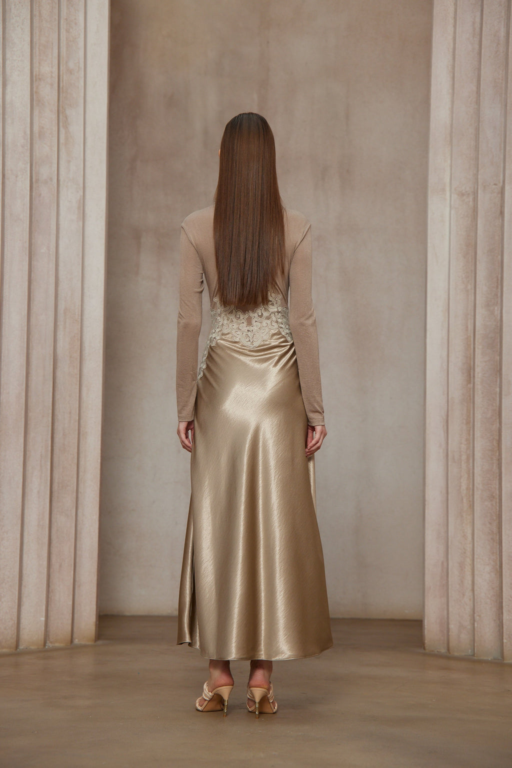 Szilvia Brown Knit Panel Satin Midi Dress