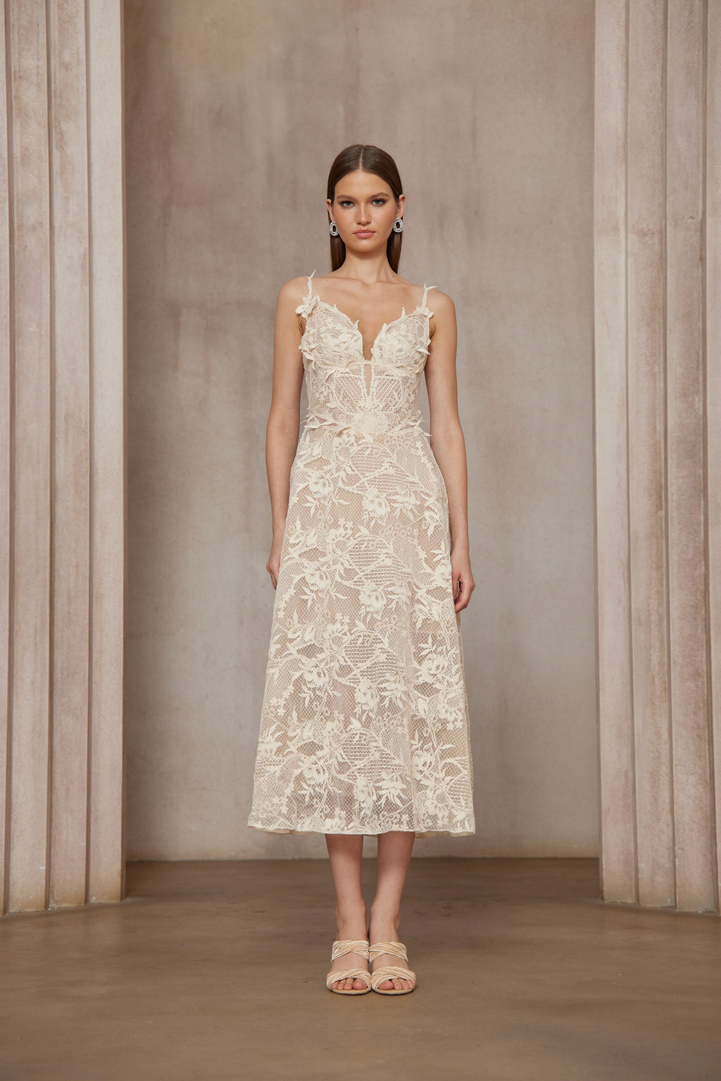 Amber White Sleeveless Floral Lace Midi Dress