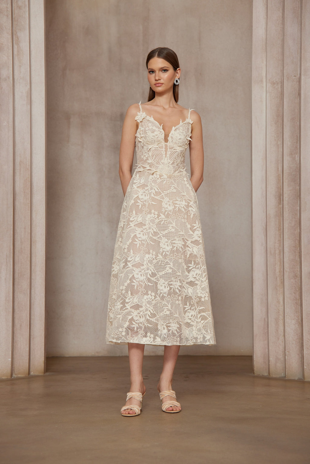 Amber White Sleeveless Floral Lace Midi Dress