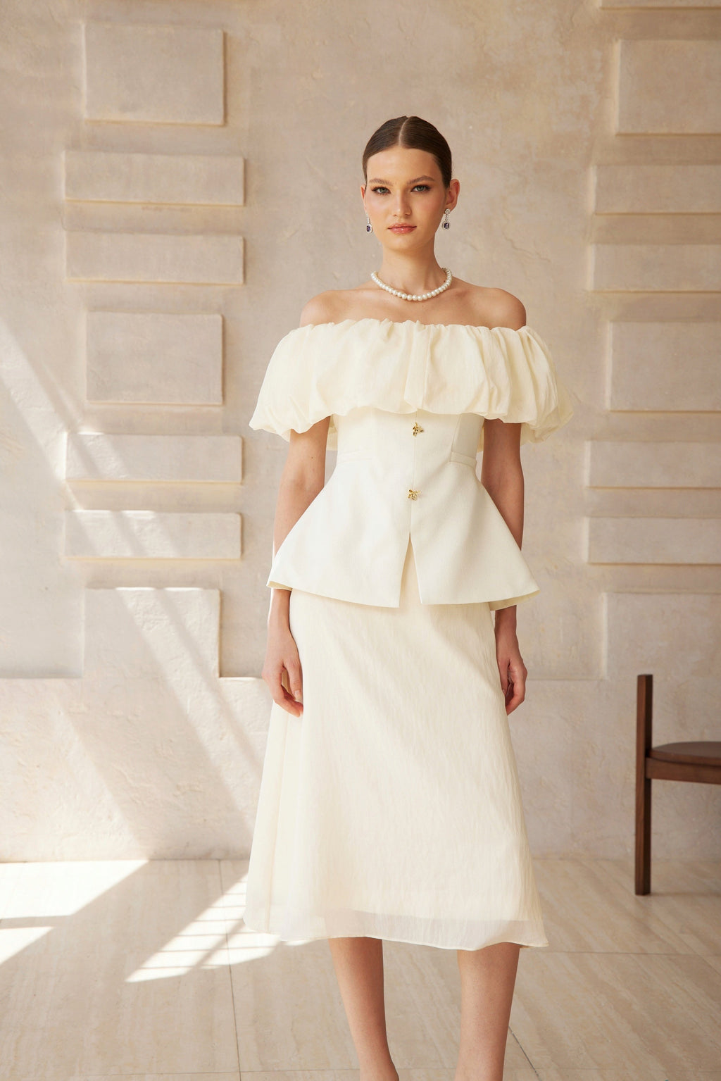 Dianthe White Off Shoulder Shirred Top & Skirt Set
