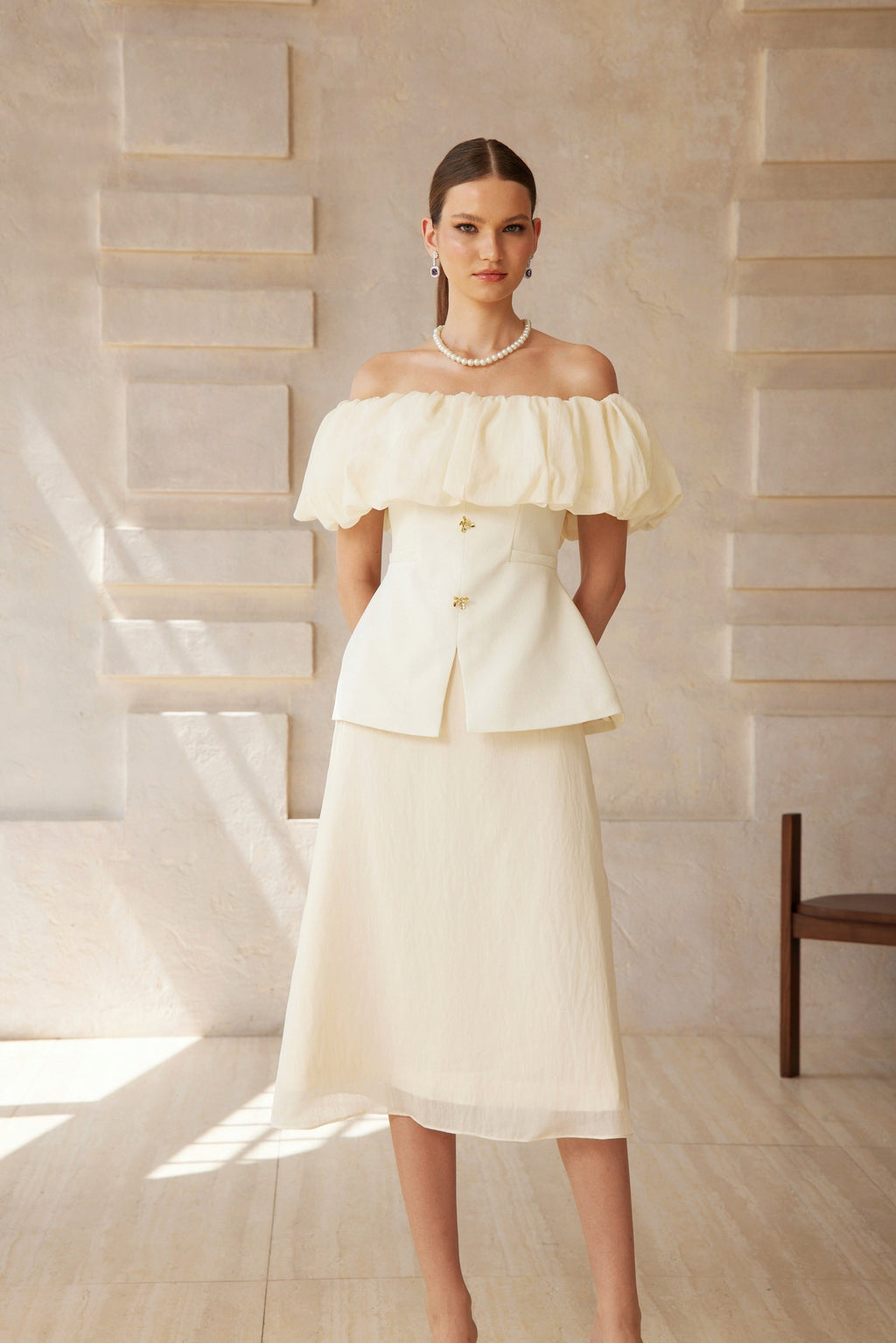Dianthe White Off Shoulder Shirred Top & Skirt Set