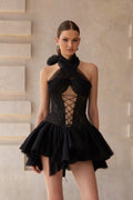 Pénélope Black Halterneck Lace Panel Mini Dress