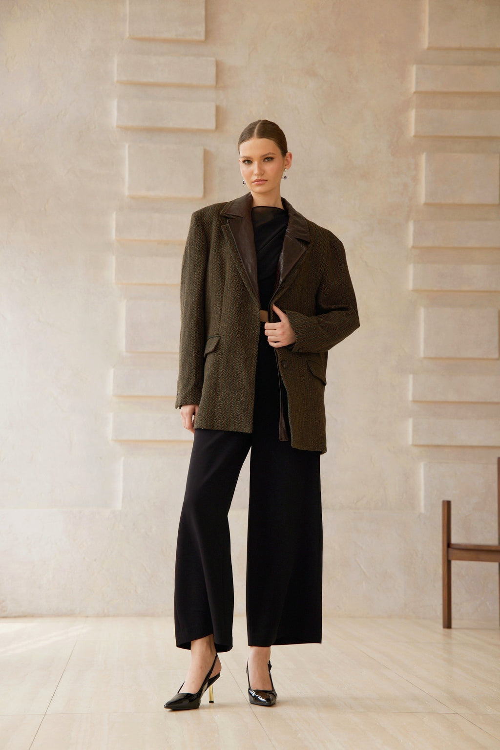 Amber Brown Leather Panel Herringbone Tweed Blazer