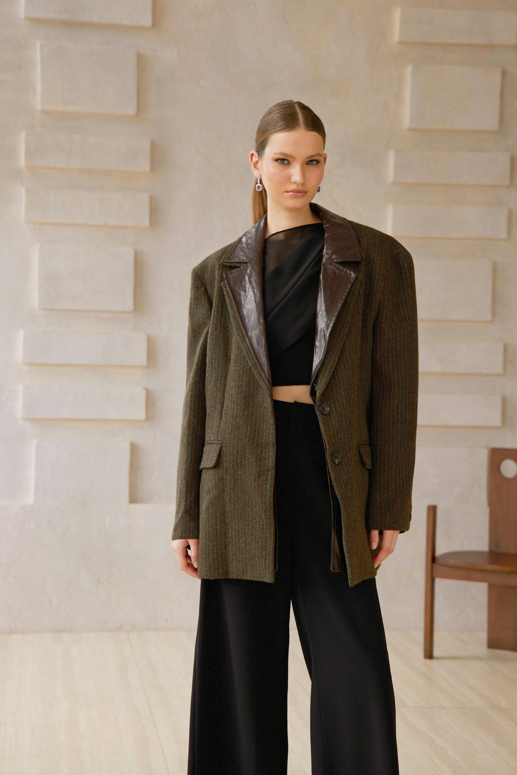 Amber Brown Leather Panel Herringbone Tweed Blazer