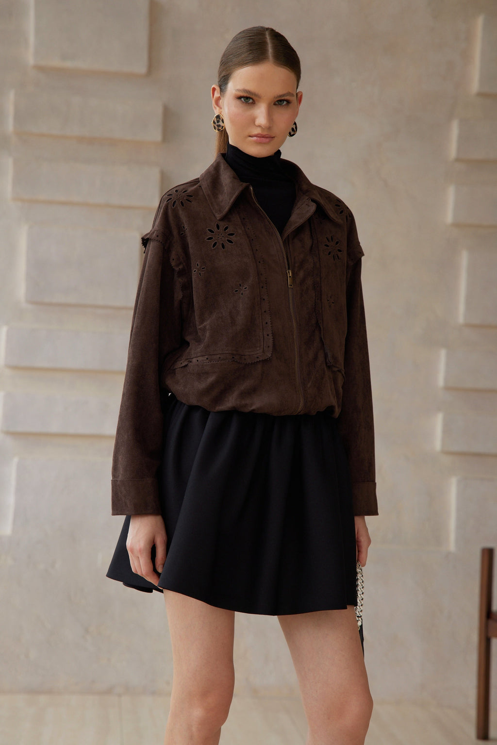 Élodie Brown Cut Out Floral Suede Jacket