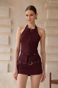 Szabina Burgundy Halterneck Top & Belted Skirt Set