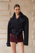 Avril Black Double-Breasted Short Trench Coat