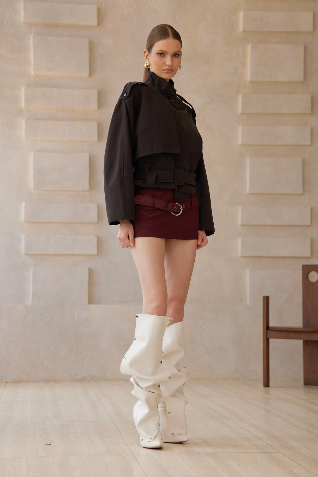 Tiphaine Black Asymmetrical Belted Short Trench Coat