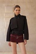 Tiphaine Black Asymmetrical Belted Short Trench Coat