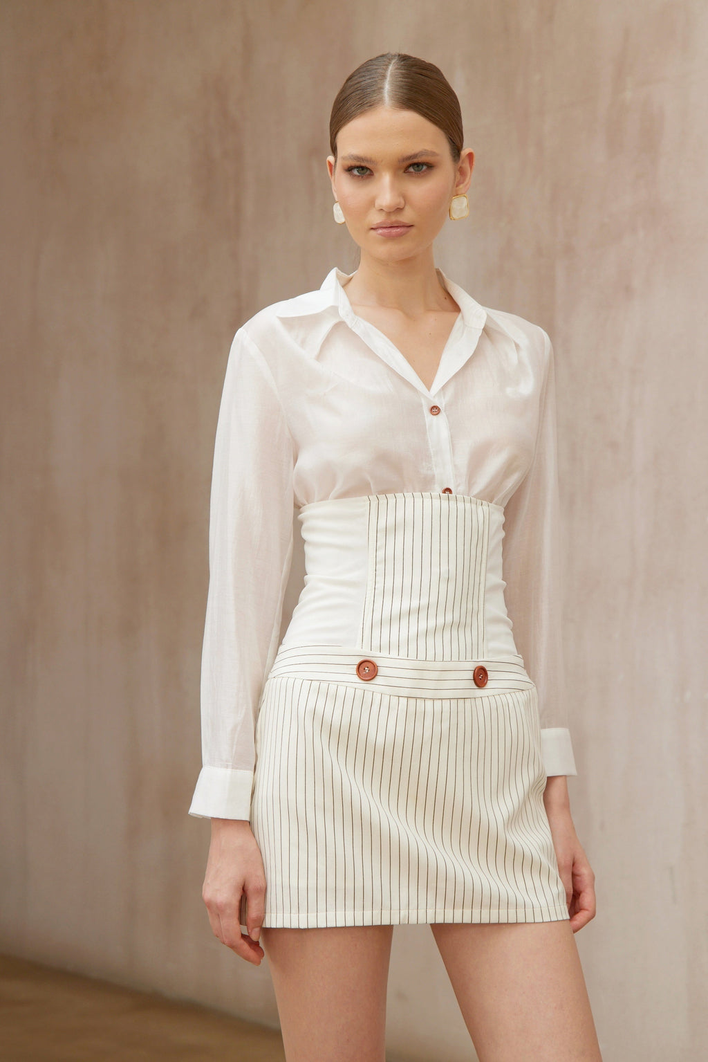 Eléonore White Striped Shirt & Skirt Set