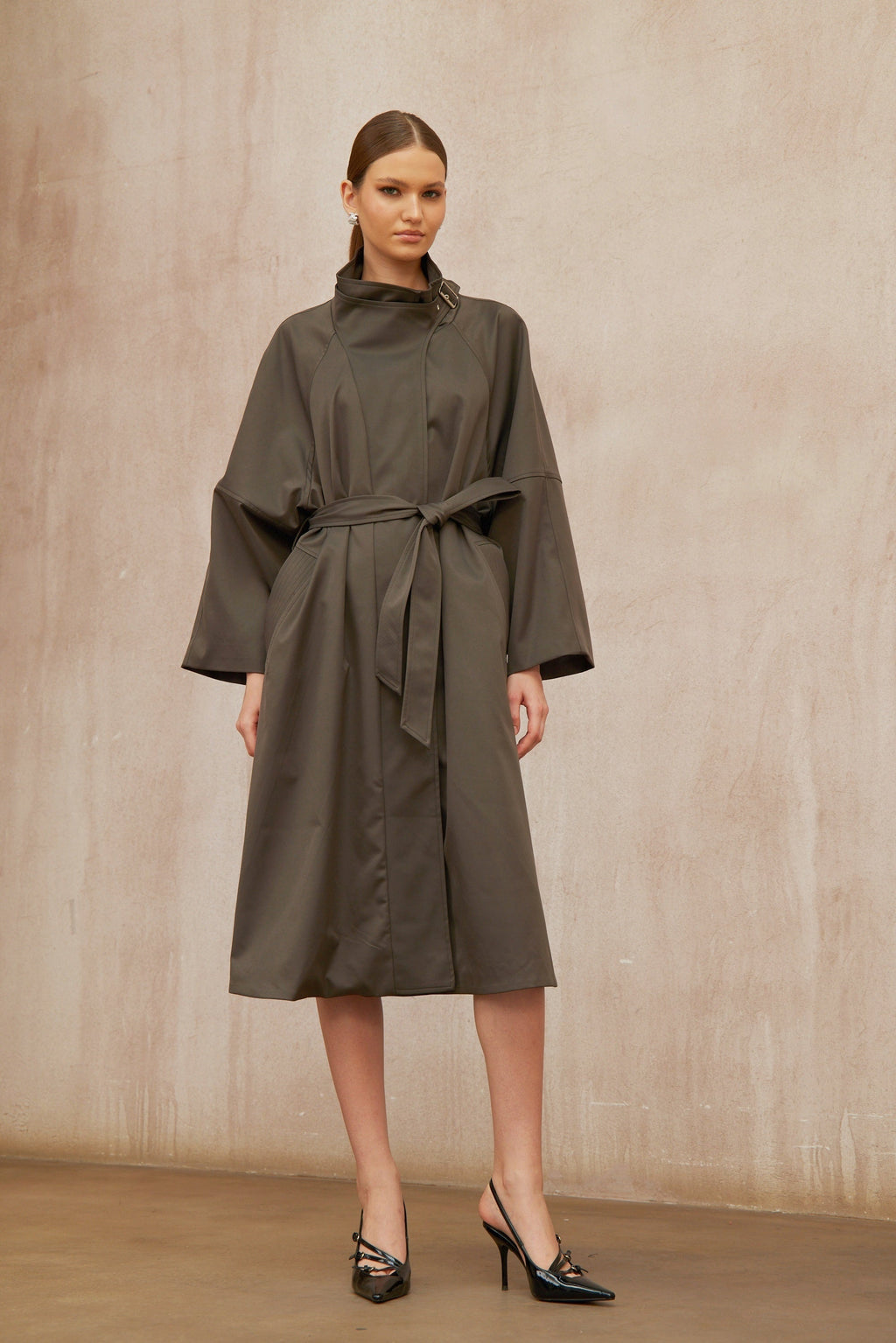 Suzon Charcoal Grey Belted Long Trench Coat