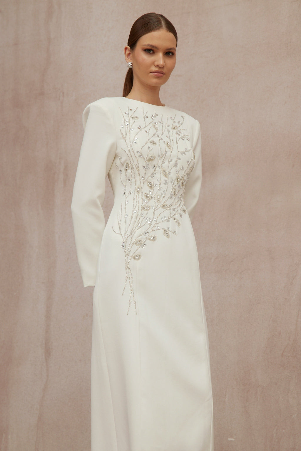 Calliopée White Leaf Appliqué Embellished Maxi Gown
