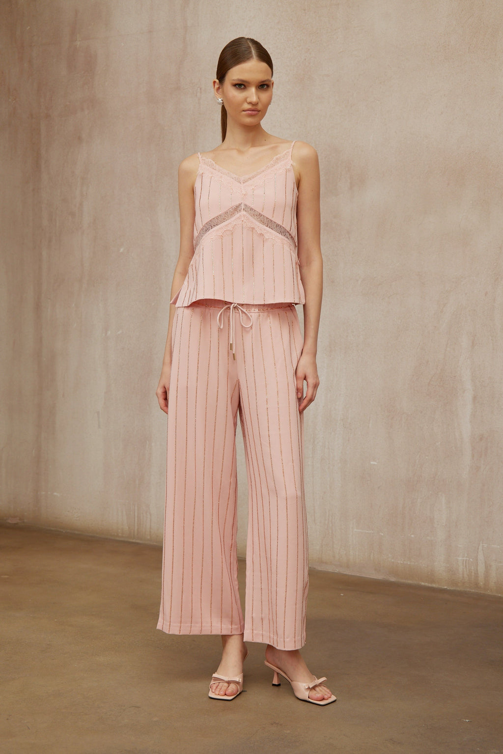 Quincie Pink Rhinestone Striped Top & Trousers Set
