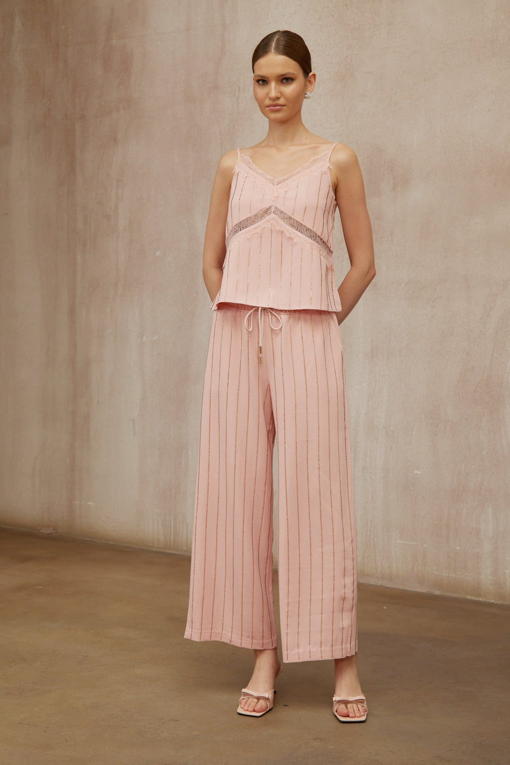 Quincie Pink Rhinestone Striped Top & Trousers Set