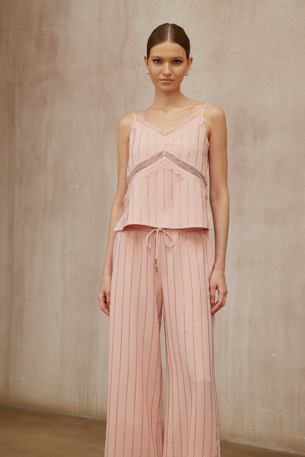 Quincie Pink Rhinestone Striped Top & Trousers Set