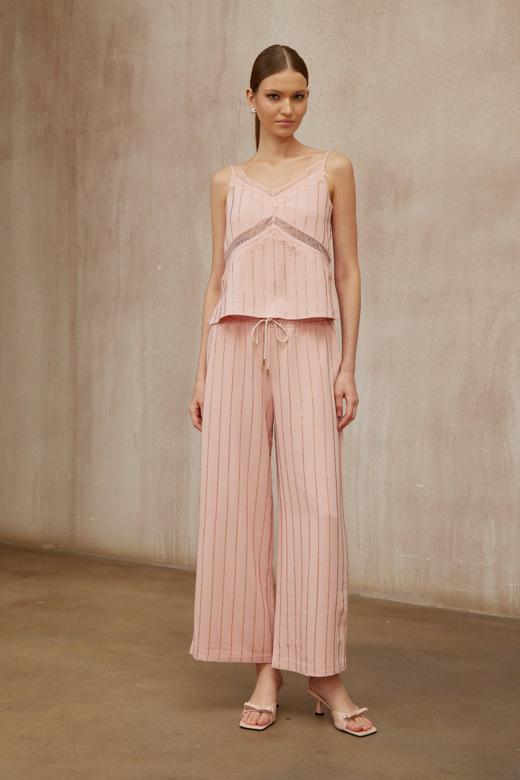 Quincie Pink Rhinestone Striped Top & Trousers Set