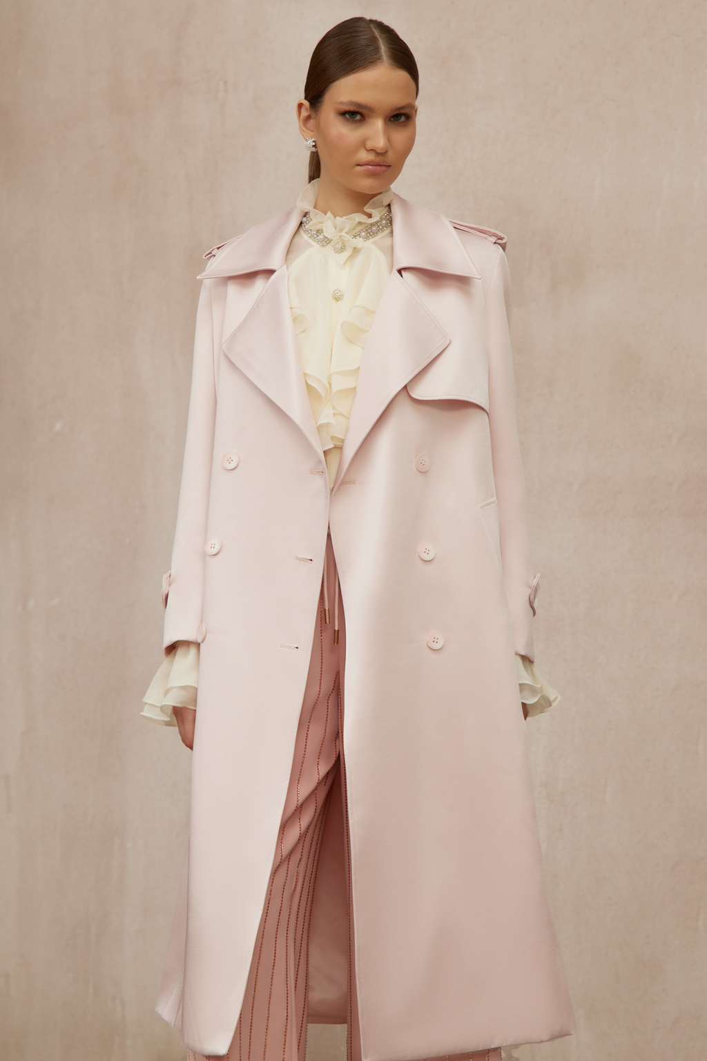 Caméo Pink Double-Breasted Satin Trench Overcoat