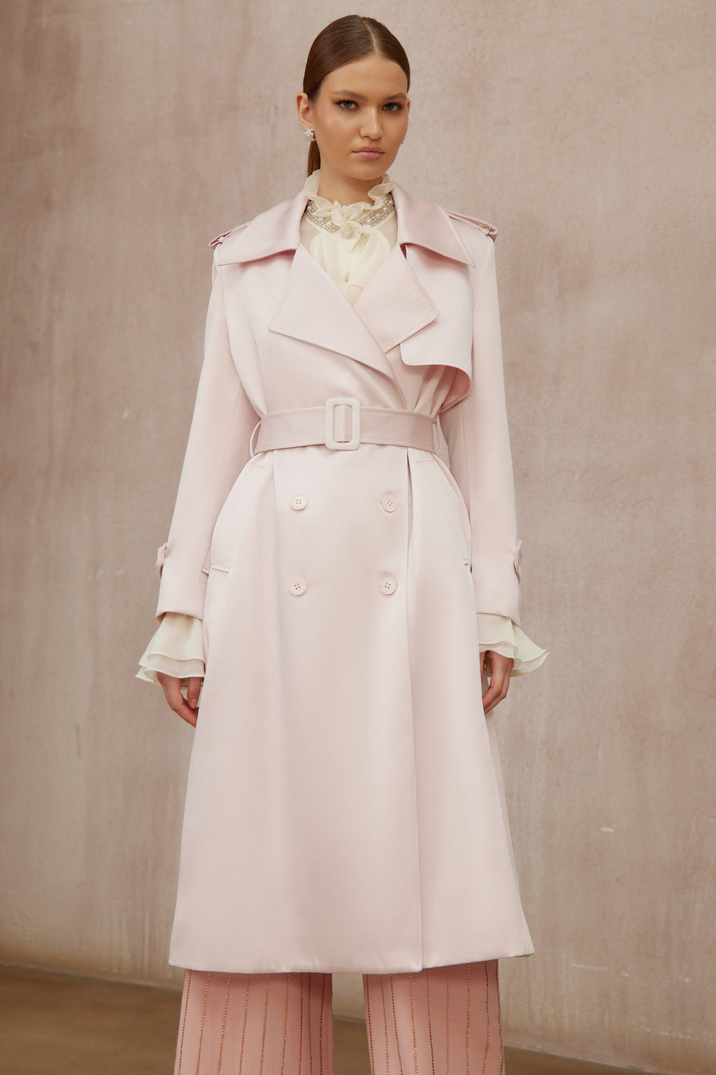 Caméo Pink Double-Breasted Satin Trench Overcoat