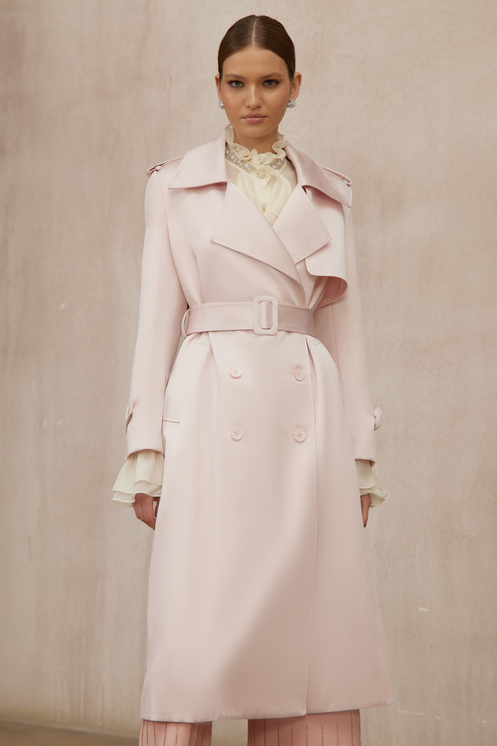Caméo Pink Double-Breasted Satin Trench Overcoat