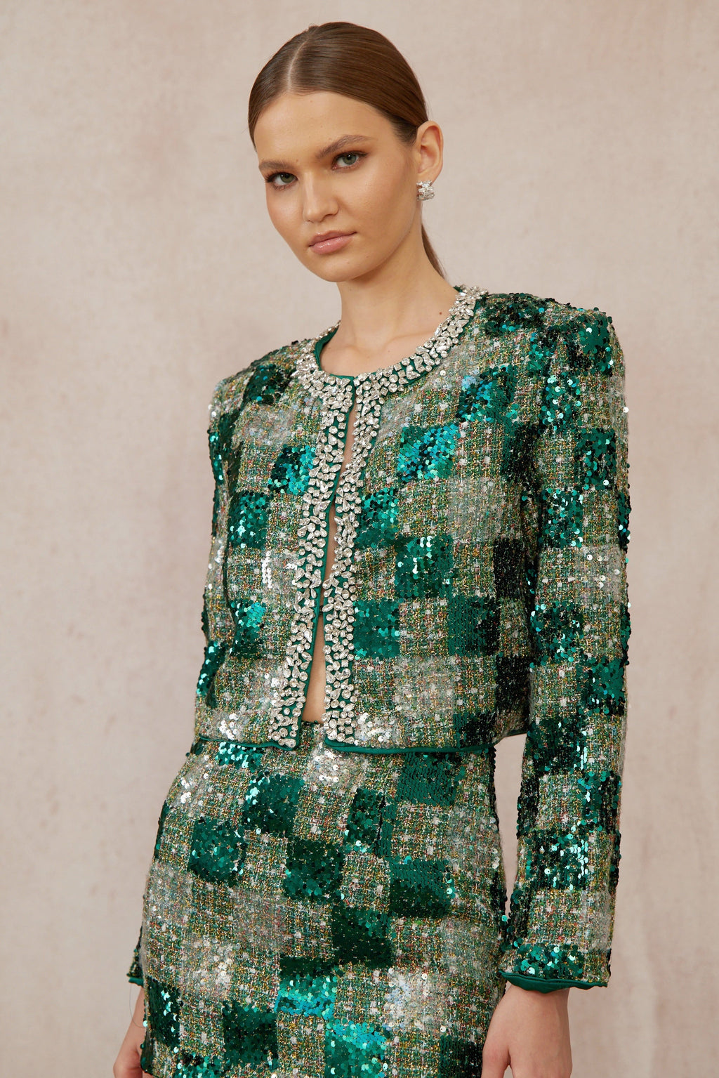 Raphaëlle Green Embellished Checked Tweed Matching Set