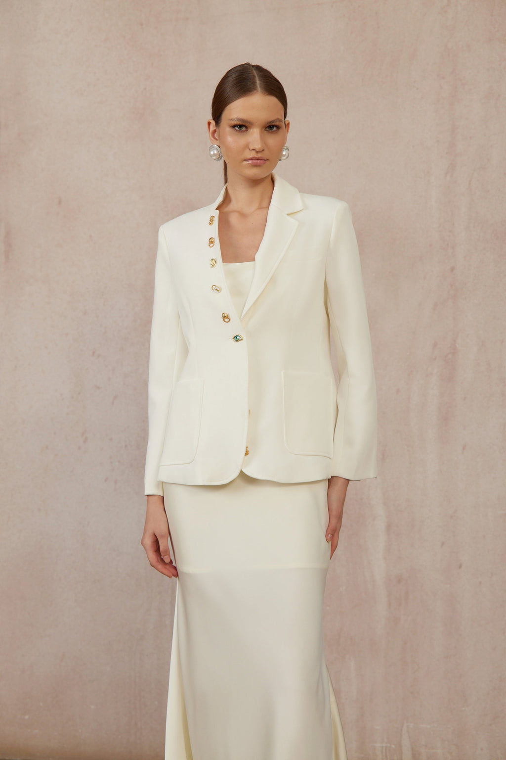 Rosalie White Asymmetrical Decorative Button Blazer