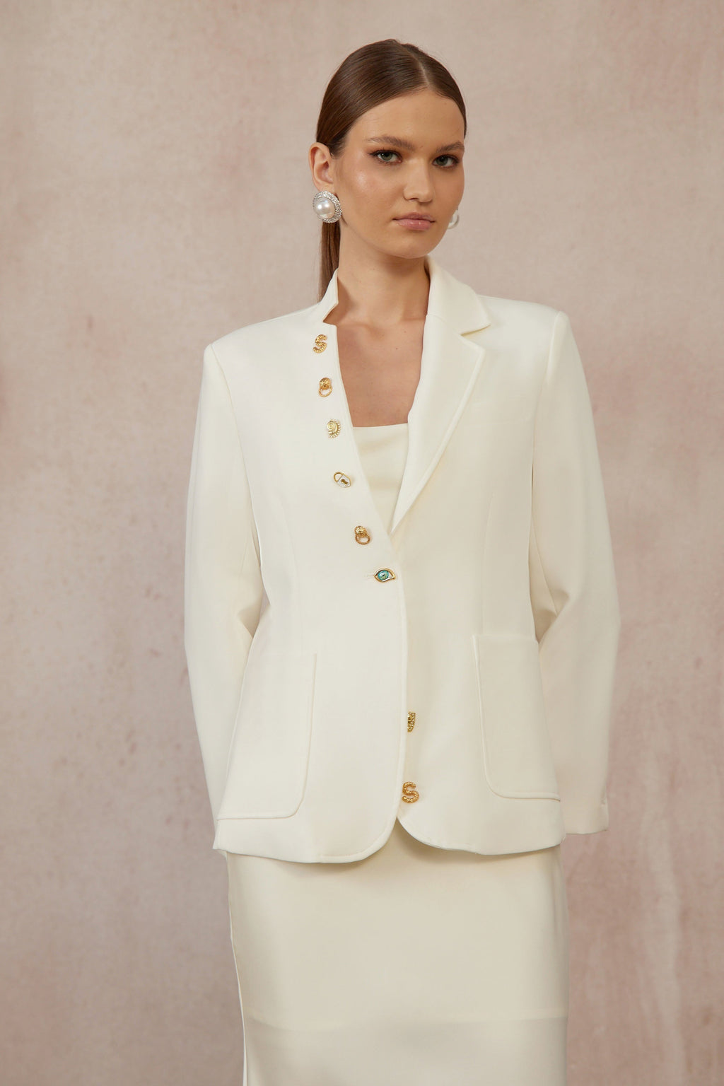 Rosalie White Asymmetrical Decorative Button Blazer