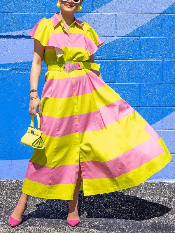 High Waisted Loose Belted Buttoned Contrast Color Pleated Pockets Lapel Maxi Dresses Shirt Dress