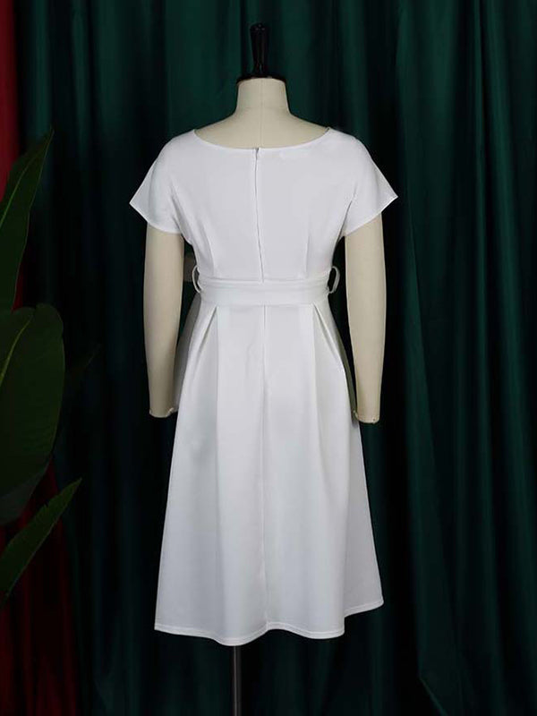 Bowknot Lace-Up Solid Color V-Neck Midi Dresses