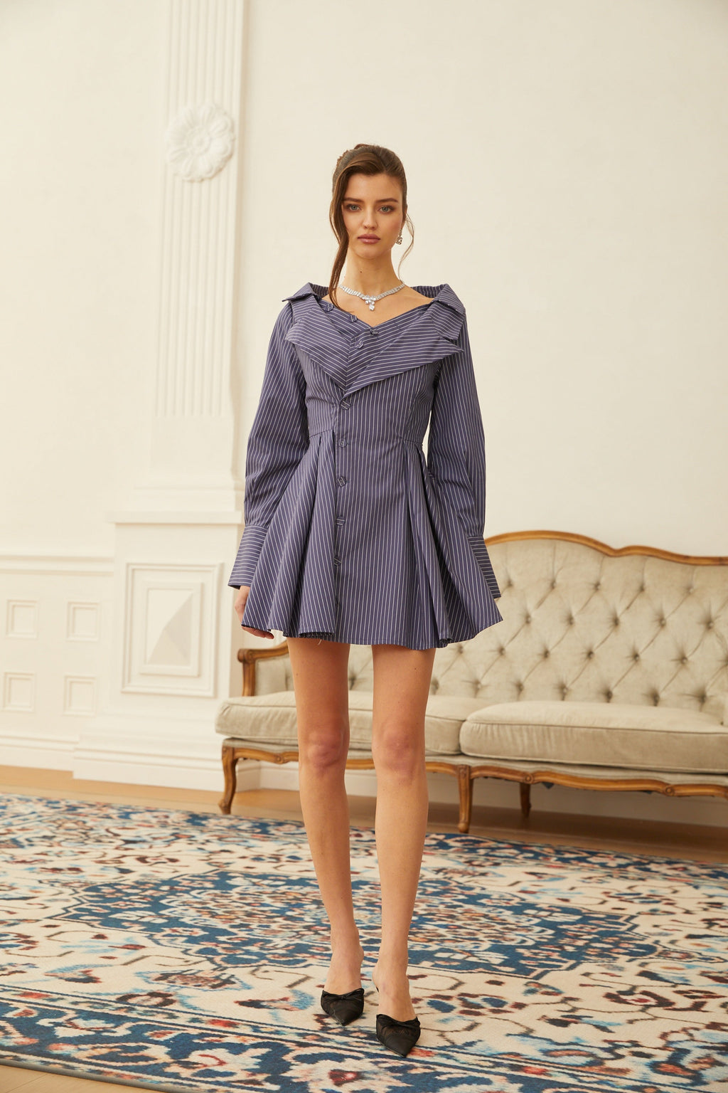 Rita Blue Pinstriped Mini Shirt Dress