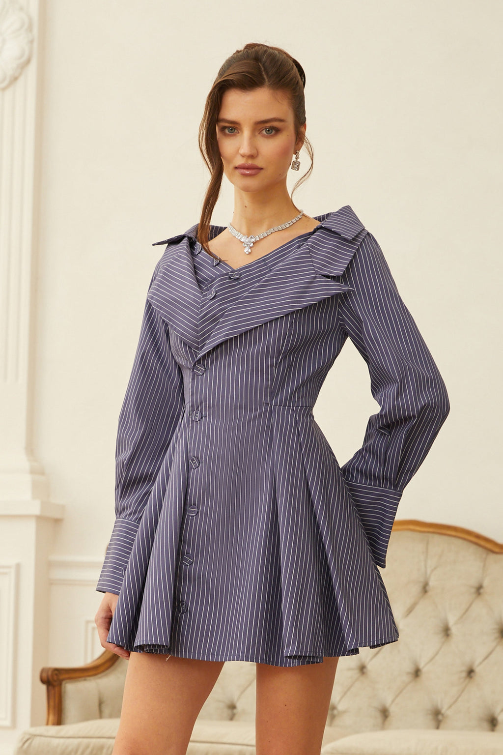 Rita Blue Pinstriped Mini Shirt Dress
