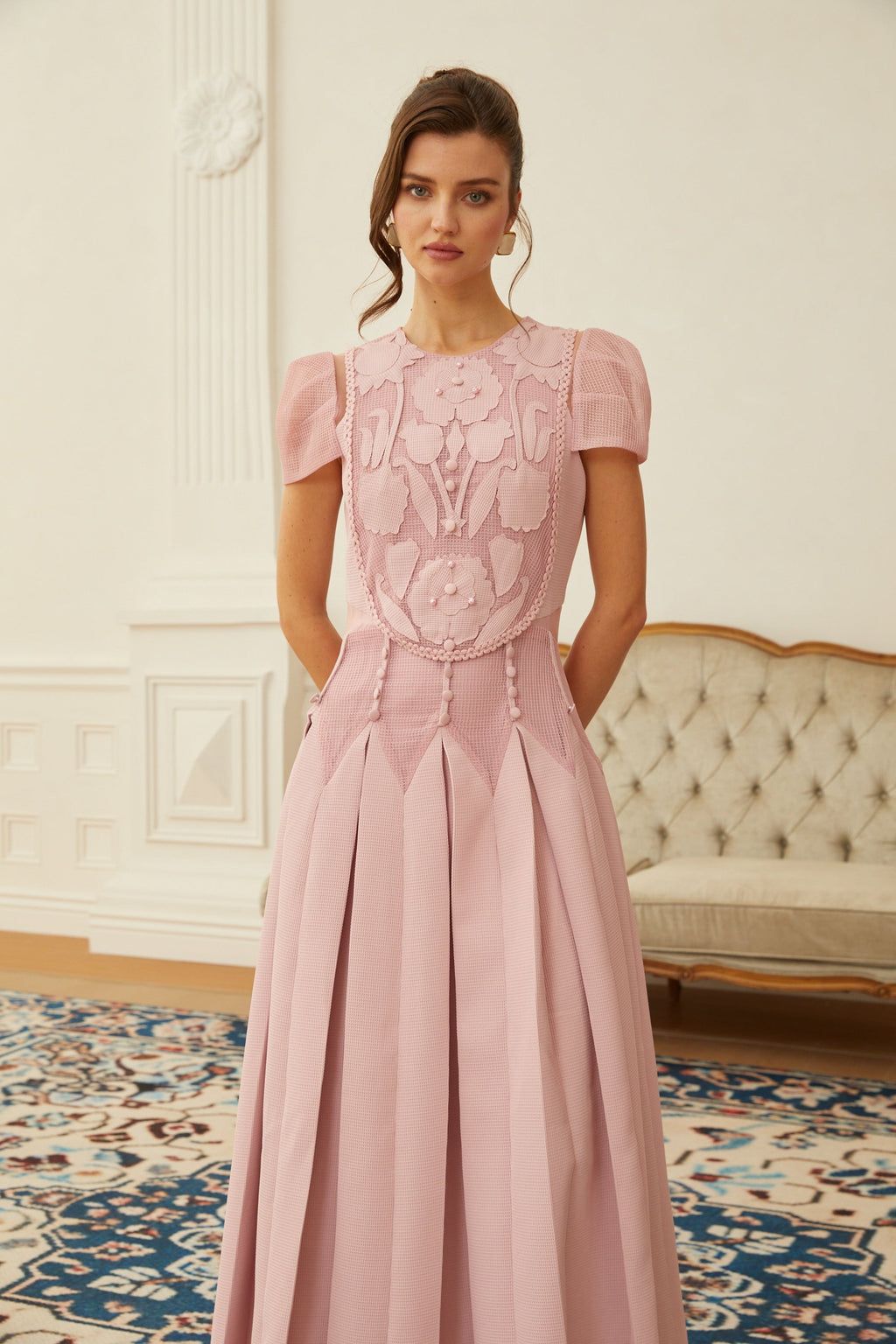 Maelle Pink Flower Embroidered Maxi Dress