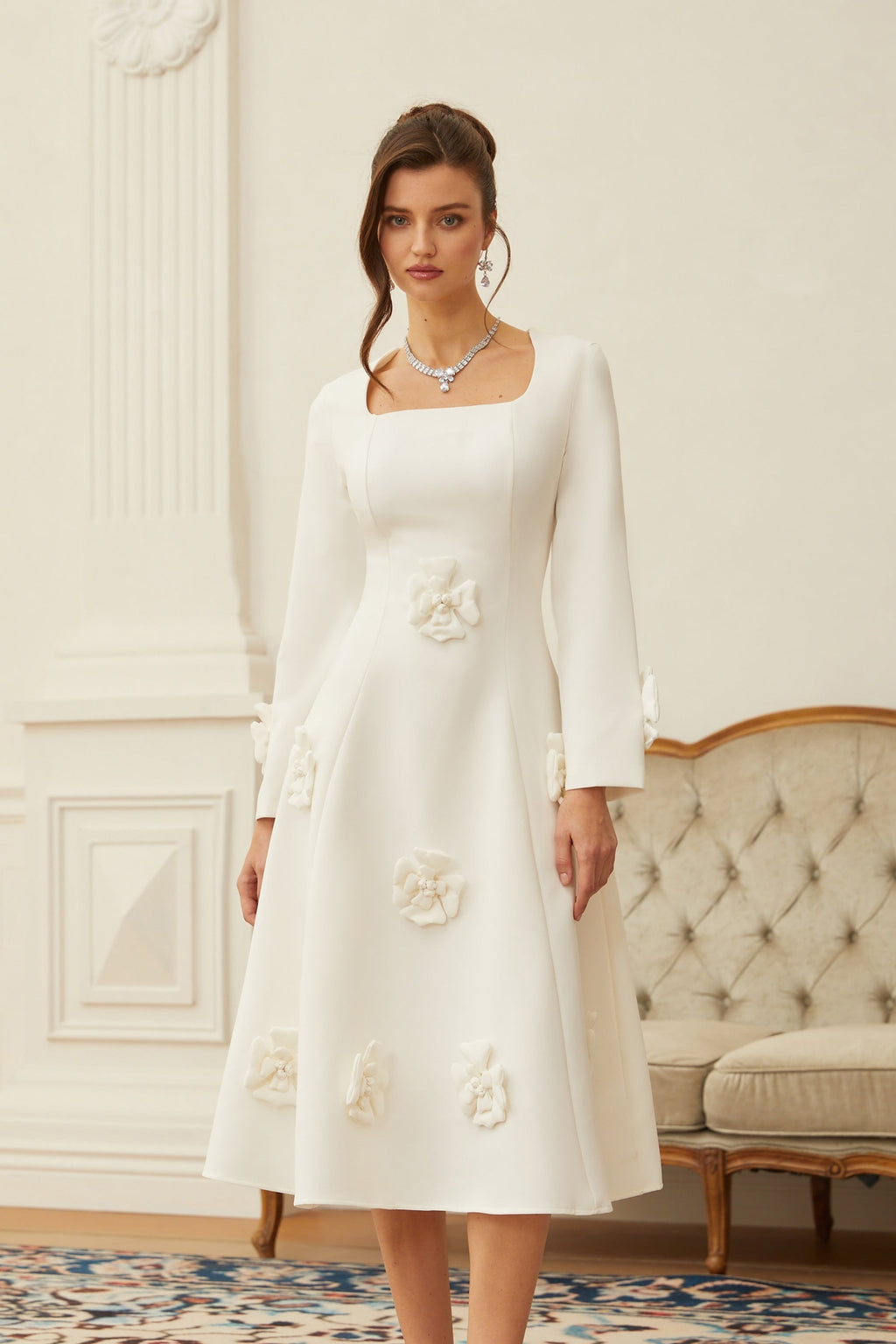 Estrid White 3D Petal Darted Midi Dress