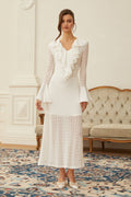 Mădălina White Wavy Pattern Lace Maxi Dress
