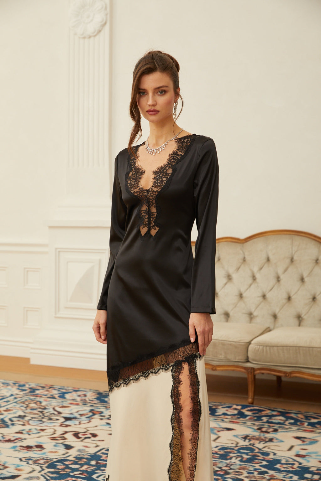 Daniela Black Lace Panel Satin Midi Dress
