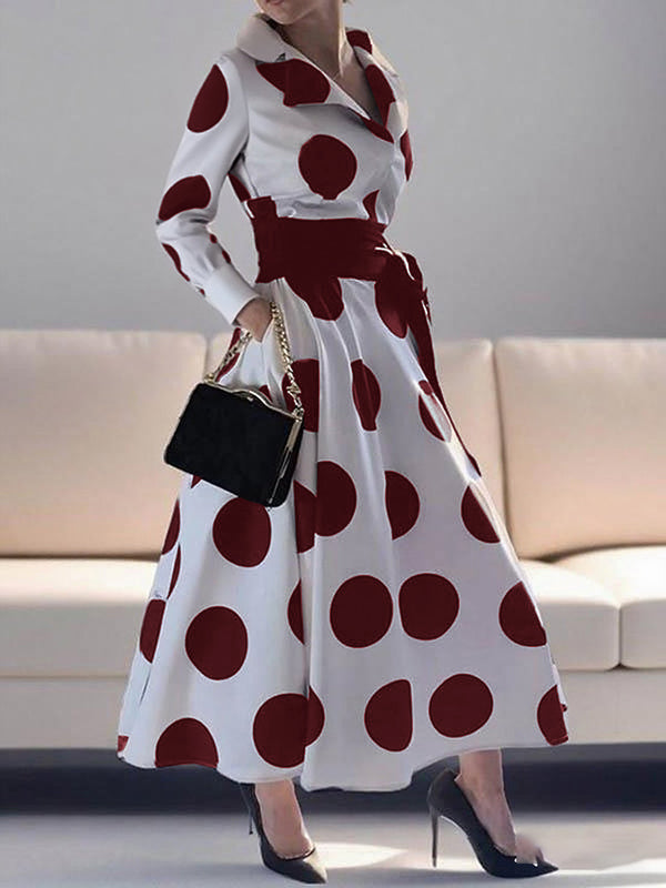 A-Line Long Sleeves Pockets Polka-Dot Tied Waist Notched Collar Maxi Dresses