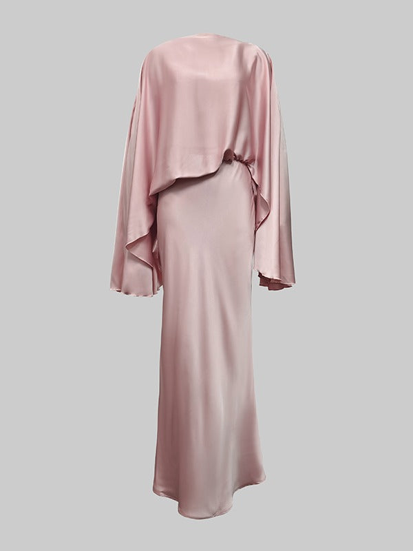 Batwing Sleeves Loose Solid Color Split-Joint Round-Neck Evening Dresses Maxi Dresses