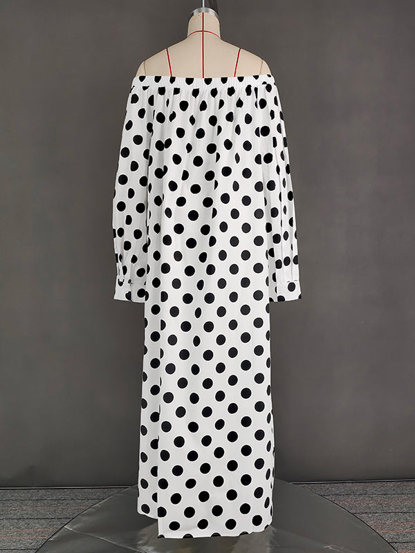 A-Line Long Sleeves Elasticity Polka-Dot Split-Joint Off-The-Shoulder Maxi Dresses